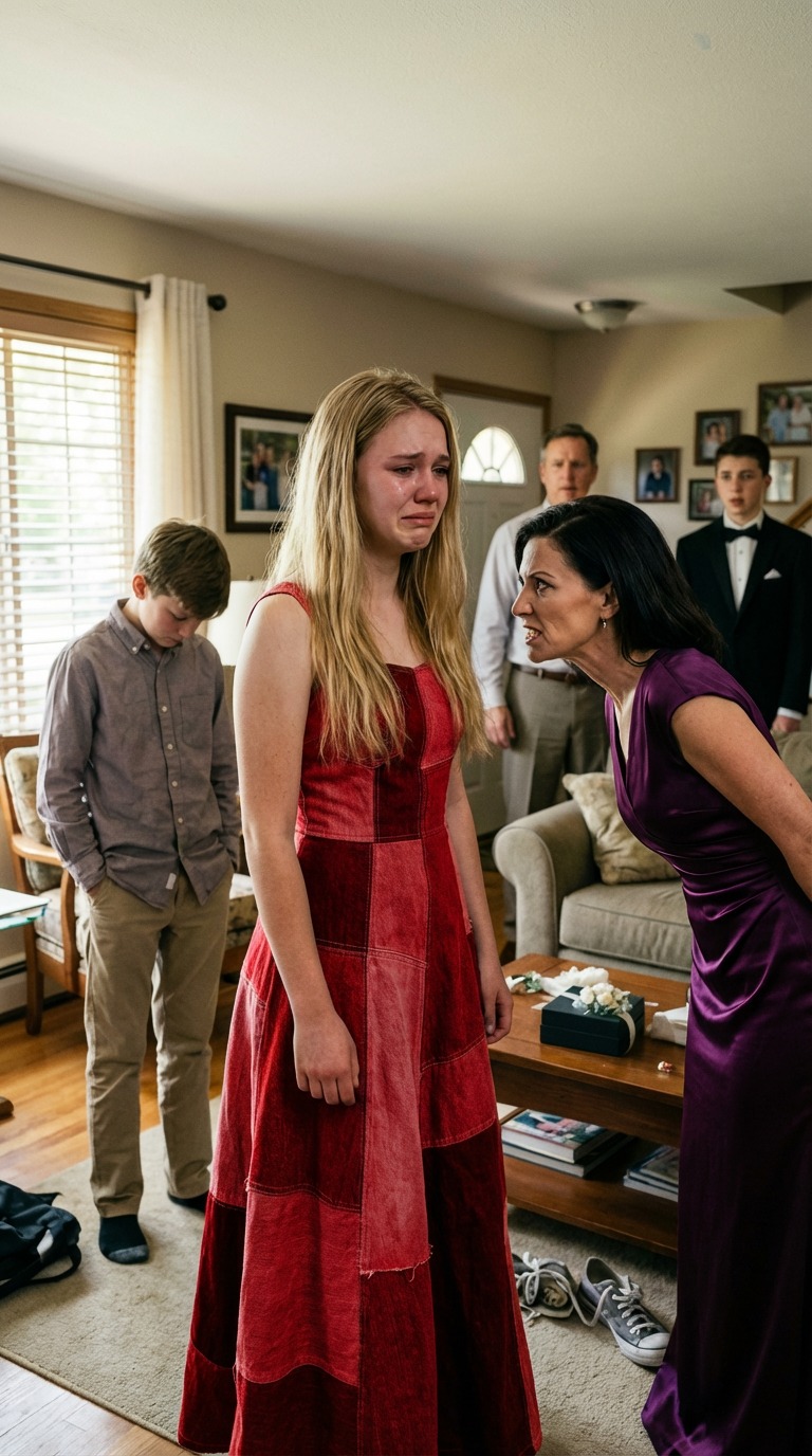 Moja macocha rzuciła okiem na sukienkę balową, którą mój młodszy brat uszył dla mnie z dżinsów naszej zmarłej mamy, i roześmiała się, jakby to był żart. Myślała, że ​​nas w tym momencie upokarza – ale karma już szła prosto w jej stronę.