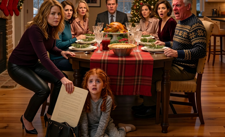 „Mój tata odepchnął moją 9-letnią córkę od świątecznego stołu i warknął: «To miejsce jest dla mojego prawdziwego wnuka» — ale kiedy położyłam jedną zwykłą teczkę między sosem żurawinowym a jego talerzem, moja mama upuściła kieliszek z winem, mój tata zbladł, a dwudziestu krewnych, którzy ignorowali łzy mojego dziecka, nagle wyglądało tak, jakby wiedzieli, że rodzinna historia zaraz się rozpadnie”.